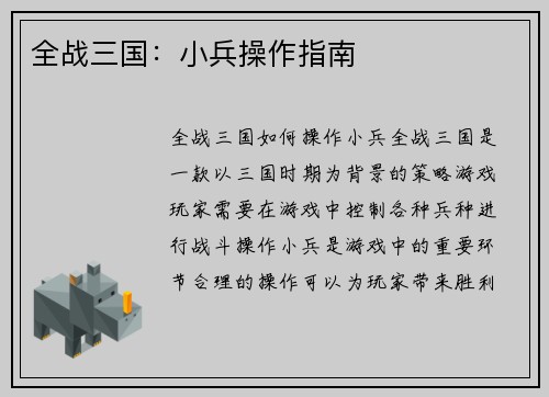 全战三国：小兵操作指南